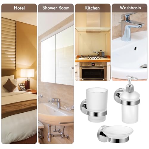 3 Set Wall Mounted Bathroom Accessory Set, Glass Soap Dispenser & Toothbrush Holder with Soap Dish, Stainless Steel Bathroom Wall Organizer for Modern Kitchen Bathrooms