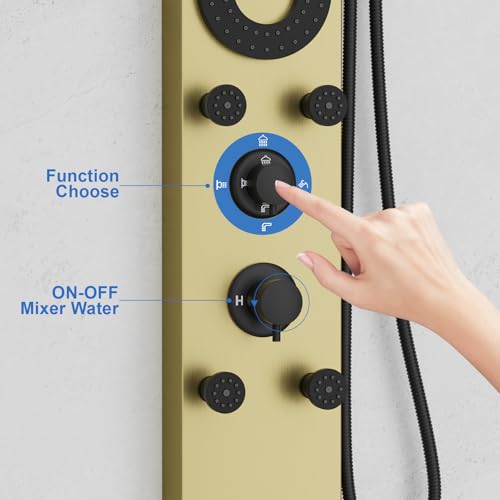 RUMOSE Brushed Gold Shower Panel Tower System, 5-Mode Shower Faucet Set | LED Light Rainfall Shower Head Digital Display with Massage Jets Tub Spout Shower Shelves, Stainless Steel, Wall Mount - color: Brushed Gold
