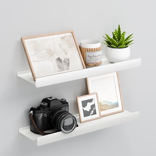 Floating Shelves for Wall, Wall Mounted Shelves with Lip for Storage, Metal Display Shelves for Home Decor, Kitchen/Living Room/Bedroom/Bathroom Shelf, White 16 inch 2 Pack - color: White, size: 16 inch 2P