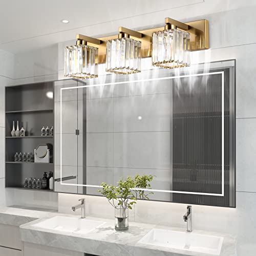 Aipsun Bathroom Vanity Light Fixtures Crystal Vanity Lighting Fixtures Brass 3 Light Bathroom Lighting (Exclude Bulb) - color: Gold, size: 23 inch