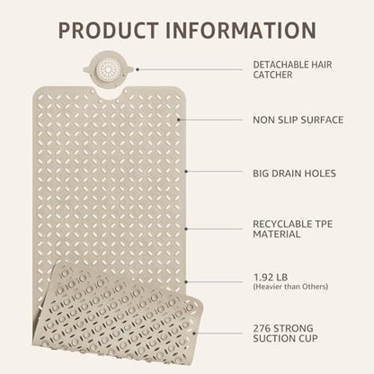 OTHWAY Bath Mat for Tub Non Slip: 39" X 17" Long Bathtub Mat with Hair Catcher│Big Drain Holes Shower Mats for Inside Shower│Machine Washable (Brown) - color: Brown