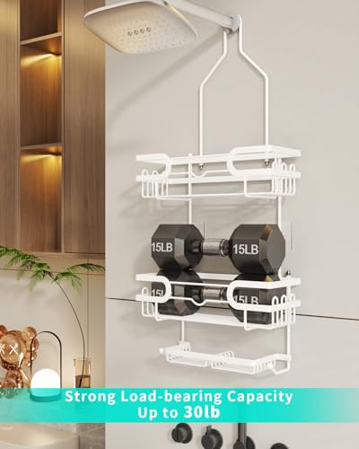 HapiRm Bathroom Hanging Shower Caddy - Rustproof Shower Shelf with 12 Hooks and 2 Soap Holders, No Drilling Bathroom Organizers and Storage - White - color: White(Large)
