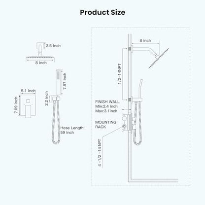gotonovo Rainfall Bathroom Shower System Rain Shower Head and Handle Set Wall Mounted Shower Complete Combo Solid Brass Pressure Balancing Shower Mixer Valve 8 Inch Matte Black - color: Matte Black, size: 8 Inch