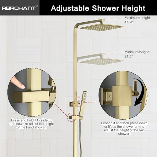RBROHANT Brushed Gold Exposed Shower System with Tub Spout, Exposed Shower Fixtures for Bathroom with Brass 3-Functional Valve, Shower Height Adjustable, Wall Mounted - color: Brushed Gold