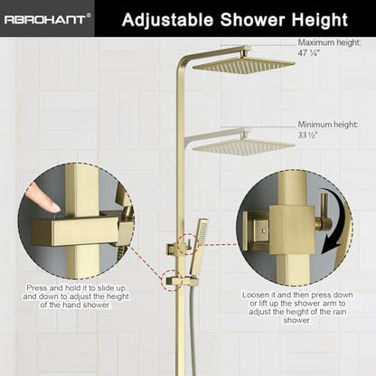 RBROHANT Brushed Gold Exposed Shower System with Tub Spout, Exposed Shower Fixtures for Bathroom with Brass 3-Functional Valve, Shower Height Adjustable, Wall Mounted - color: Brushed Gold