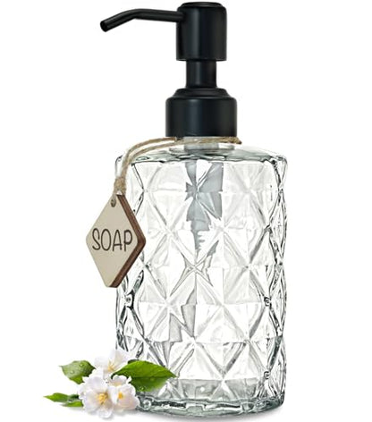 JASAI Diamond Design 12 Oz Glass Soap Dispenser with Black Pump | Small Hand soap Dispenser with Rust Proof Pump, Bathroom Soap Dispenser for Hand Soap, Liquid Soap, Dish Soap. - color: Clearglass-black Pump, style: Diamond