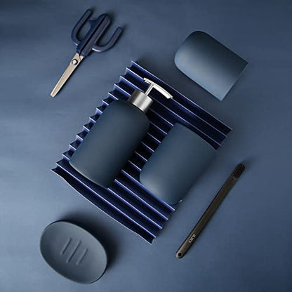 Bathroom Accessories Set, Blue, 4 Pieces | Vanity Countertop Ceramic, Lotion Dispenser Soap Pump, 2 Tumbler, Soap Dish