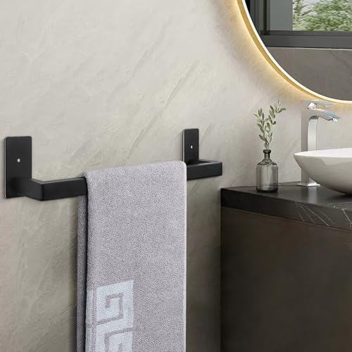 NearMoon Self Adhesive Bathroom Towel Bar, Stainless Steel Square Bath Wall Shelf Rack Hanging Towel Stick On Sticky Hanger Contemporary Style, Towel Rack Wall Mounted (16 Inch, Matte Black) - color: Matte Black, size: 16 Inch