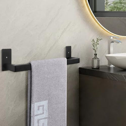 NearMoon Self Adhesive Bathroom Towel Bar, Stainless Steel Square Bath Wall Shelf Rack Hanging Towel Stick On Sticky Hanger Contemporary Style, Towel Rack Wall Mounted (16 Inch, Matte Black) - color: Matte Black, size: 16 Inch