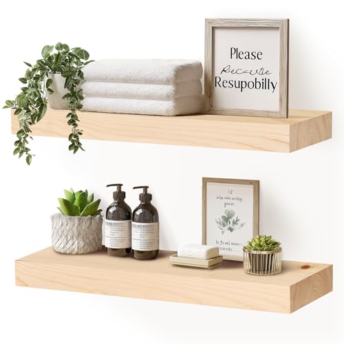 Solid Wood Floating Shelves, 17 Inch Wall Shelves, Set of 2, Wood | 8 Inch Deep, 1.6 Inch Thick, Extra-Wide Display Space, Mounting Hardware Included, For Kitchen, Bathroom and Living Room - color: Wood, size: 17x8x1.6
