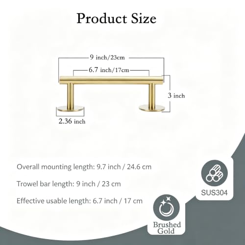 9" Self Adhesive Brushed Gold Towel Holder, No Drill Small Bathroom Organizer, 304SS - color: Brushed Gold, size: 9 Inch