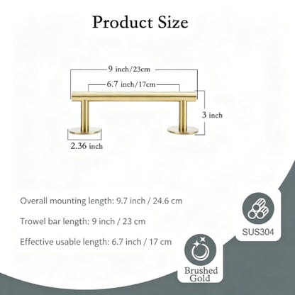 9" Self Adhesive Brushed Gold Towel Holder, No Drill Small Bathroom Organizer, 304SS - color: Brushed Gold, size: 9 Inch