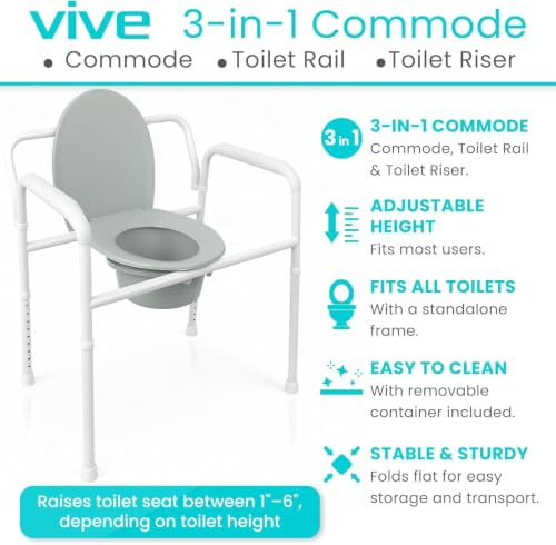 Vive Bedside Commode Toilet Chair (Folding) - 350 lb Capacity, Safety Rail, Shower Chair - 3 in 1 Heavy Duty Bariatric Bucket with Padded Arms, Tight Lid – Portable Seat for Home - Steel