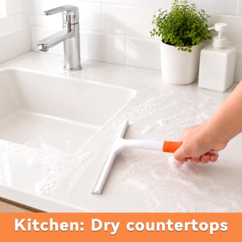 9.65 Inch Glass Shower Squeegee, 2 Pcs Silicone Shower Squeegee | Silicone Squeegee Shower Scraper Orange Non-Slip Handle Window Scraper for Glass, Tiles and Countertops