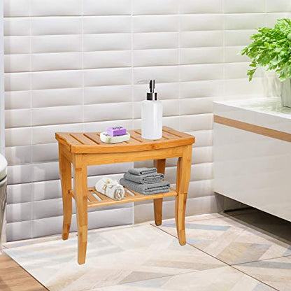 Olebes Bamboo Shower Bench Stool with Storage Shelf - Waterproof Wood Spa Bath Seat for Indoor or Outdoor Use, Wooden Bathroom Bench Chair（18.5"*10.2"*17.7"