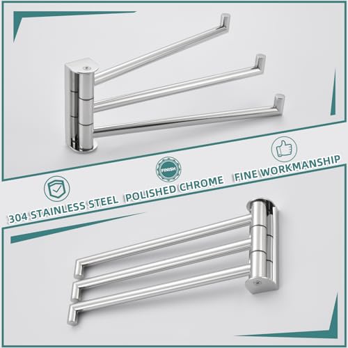 Swivel Towel Rack with 3-Arm, Polished Chrome, 304 Stainless Steel | Rustproof for Bathroom Kitchen RV, 180° Rotating Towel Bar, Fold-Flat Design, Hand Towels & Dish Rags, Drilling Mounted - color: Polished Chrome