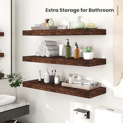 Heimlove 12 Inch Deep Floating Shelves,12 Inch Wide Small Wall Shelves Set of 2, 2 Inch Thick Invisible Wall Mounted Shelves for Bathroom Bedroom Nursery,Rustic Brown - color: Rustic Brown, size: 12"W x 12"D x 2"H, Set of 2