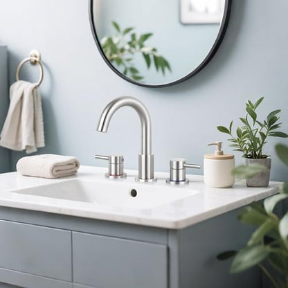 Bathroom Faucet 3 Hole Brushed Nickel, 2-Handle Widespread Faucet | Lead-free stainless steel, pop-up drain, Detachable faucet aerator, 360°swivel, for RV & vanity sink 3-hole mount - color: 1-Brushed Nickel, style: 8 Inch Widespread
