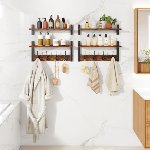 Double Shelf Coat Rack Wall Mount with 8 Hooks, Rustic Brown HWS009H-2 | Wooden Coat Hanger Key Holder Wall Mount for Coats Hats Keys - Wood Wall Mounted Coat Rack with Shelf for Entryway & Bathroom - color: Rustic Brown