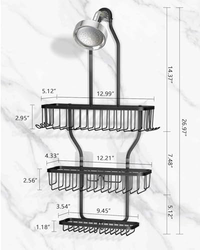 Shower Caddy Hanging - Never Rust Shower Hanging Organizer - Aluminum Over the ShowerHead Caddy with Soap Basket and 6 Hooks for Razor/Sponge (Black) - color: Black