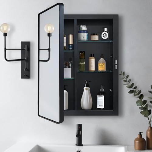 Black Medicine Cabinet 24x30 inch, Bathroom Mirror with Storage, Recessed or Wall Mounted Farmhouse Cabinets, Metal Framed Adjustable Shelves, One Door Open Left or Right - size: 24x30