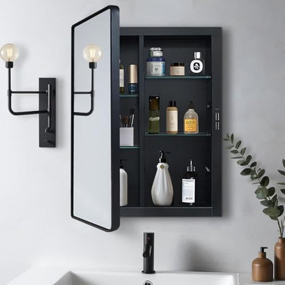 Black Medicine Cabinet 24x30 inch, Bathroom Mirror with Storage, Recessed or Wall Mounted Farmhouse Cabinets, Metal Framed Adjustable Shelves, One Door Open Left or Right - size: 24x30