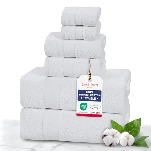 TEXTILOM 100% Turkish Cotton 6 Pcs Bath Towel Set, Luxury Bath Towels for Bathroom, Soft & Absorbent Bathroom Towels Set (2 Bathtowels, 2 Hand Towels, 2 Washcloths)- White - color: White, size: 6 Pcs Towel Set