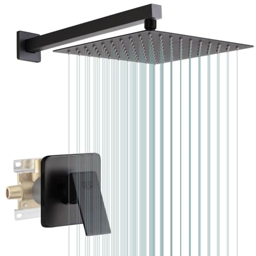 Matte Black Shower Faucet Set, Bathroom Rainfall Shower System with Stainless Steel Metal Showerhead, Single Function Shower Trim Kit with Rough-in Valve - color: Black, size: 10 Inch (Wall Mount)