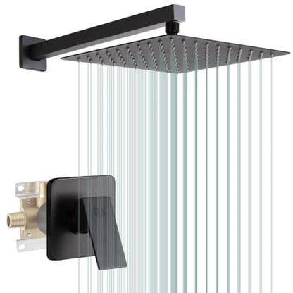 Matte Black Shower Faucet Set, Bathroom Rainfall Shower System with Stainless Steel Metal Showerhead, Single Function Shower Trim Kit with Rough-in Valve - color: Black, size: 10 Inch (Wall Mount)