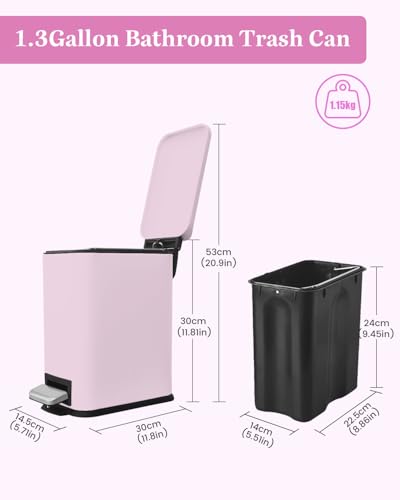 Bathroom Trash Can, Small Trash Can with Lid, Pink Cute Trashcan | 1.3 Gal, Trash Can with Removable Inner Bucket, Soft Close lid, Stainless Steel Step Pedal Garbage Can for Bathroom, Bedroom - color: Pink