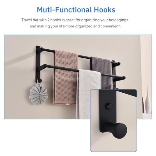 Matte Black Double Towel Rack with Hooks for Bathroom, 24 Inch Stainless Steel Wall Mounted Towel Bar Holder - color: Matte Black, size: 24-Inch