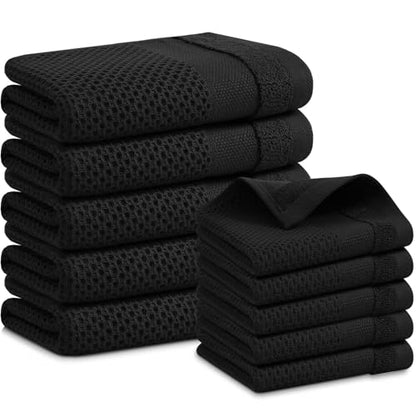 Homaxy Kitchen Towels and Dishcloths Set, Set of 10, Black | 100% Cotton Waffle Weave Kitchen Towels, Super Soft and Absorbent Dish Cloths, 12 x 12 and 13 x 28 Inches - color: Black, size: 10-Piece Set