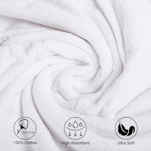 ESSELL 24/7 6 Piece White Bath Towel Set, 2 Bath Towels, 2 Hand Towels, 2 Washcloths, 100% Cotton, Durable, Quick Dry & Light Weight, Aurora Collection - color: White