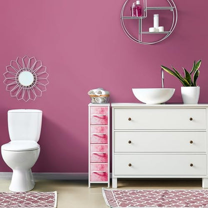 Sorbus Kids Narrow Dresser with 4 Drawers - Vertical Slim Storage Chest of Drawers with Steel Frame, Wood Top & Easy Pull Fabric Bins for Small Spaces, Closets, Bedroom, Bathroom & Laundry - color: Tie-dye Pink, style: 4 Drawer