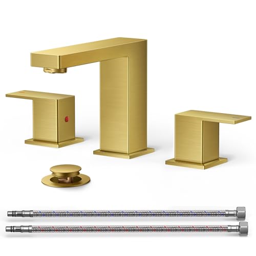 QFN Bathroom Faucet 3 Hole 8 Inch Widespread for Vanity Faucet Brushed Gold | Two Handles Bathroom Sink Faucet Lead-Free Square Design with Supply Lines, 4-12 Inch 3 Hole Install, for RV Vanity Laundry - color: Brushed Gold, style: Square