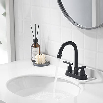 Black Bathroom Faucet, 2 Handle 4 Inch Centerset Sink Faucet with Drain | Yardmonet Matte Black Bathroom Sink Faucet, 2-Handle Stainless Steel Vanity Faucet With Pop-Up Drain And Supply Lines - color: Matte Black