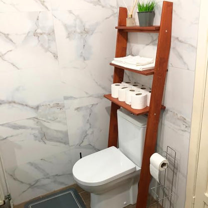 Over The Toilet Birch Wood Bathroom Organizer Shelves, 3-Tier Freestanding Above Toilet Storage Ladder Shelf, Standing Space Saver Behind Toilet Small Bathroom Organizer (Chestnut) - color: Chestnut