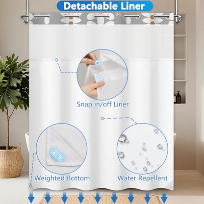 No Hook Shower Curtain and Liner Set, Grey and White Floral Shower Curtain with Snap in Liner and Mesh Top Window, Waterproof Shower Curtains with Weighted Hem for Bathroom and Hotel, 71x74 Inches - color: White Daisies
