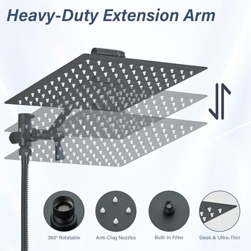 Matte Black Shower Head, High Pressure Rainfall 10 Inch Shower Head/Handheld Showerhead Combo with 10" Extension Arm, Height/Angle Adjustable