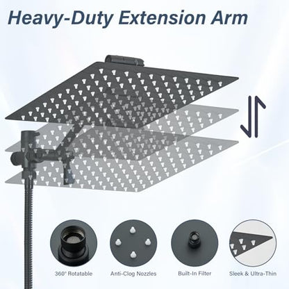 Matte Black Shower Head, High Pressure Rainfall 10 Inch Shower Head/Handheld Showerhead Combo with 10" Extension Arm, Height/Angle Adjustable