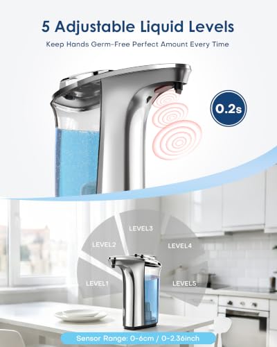 Automatic Soap Dispenser,17oz/500ml Touchless Dish Soap Dispenser | Metallic Finish,With Infrared Sensor, 5 Adjustable Soap Levels, Battery Operated, Perfect For Kitchen Bathroom Countertop