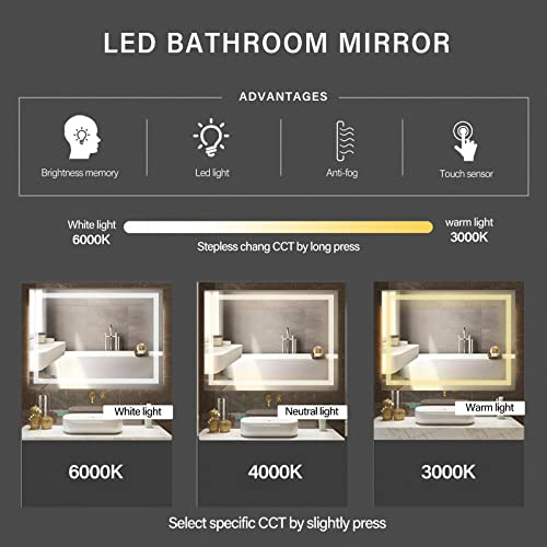36x28 inch LED Lighted Bathroom Mirror with Anti-Fog, Wall Mounted Vanity Mirror with Smart Touch Button, Memory Function, Adjustable Warm White/Natural/Daylight Lights(Horizontal/Vertical) - size: 28"L x 36"W