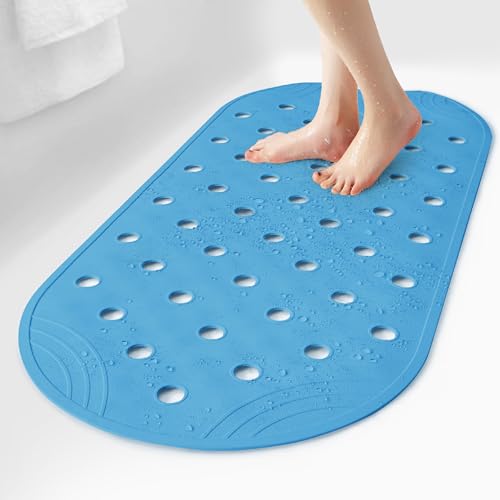 Rubber Bathtub Mat Shower Mat Non-Slip, 31x14 Inch, Bath Tub Floor Mat with Suction Cups and Drainage Holes, Blue - color: Blue, size: 31" x 14" (Oval)