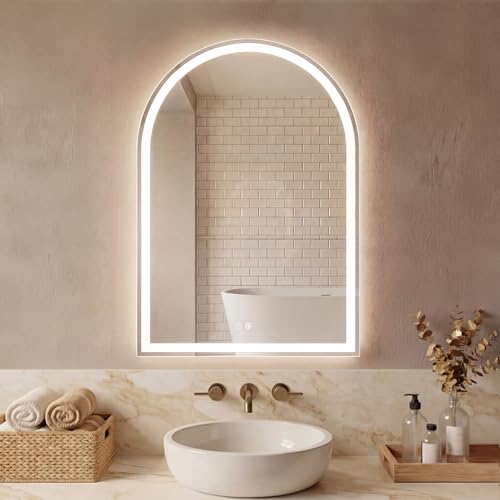Sweetcrispy 24x 36 Inch Arched LED Bathroom Backlit Mirror with Lights | Vanity Wall Mirrors with Anti-Fog, Dimmable, 3-Color Light, Memory Function, Tempered Glass