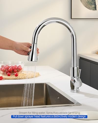J-HVA Pull Down Kitchen Faucet Sprayer Head Replacement Part, Chrome | 3 Function kitchen Sink Faucet Replacement Nozzle, Kitchen Faucet Head Hose Spray Tap Spout, 15 Connectors - color: Chrome