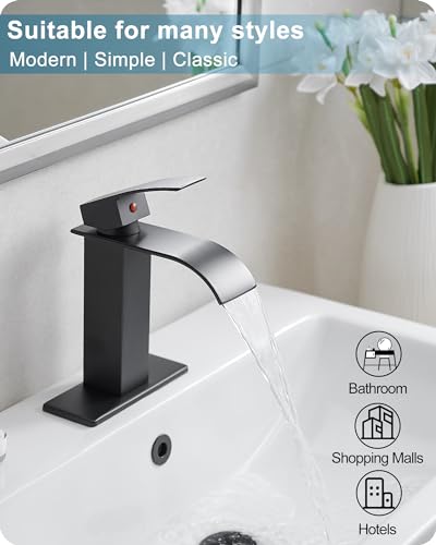 Matte Black Bathroom Faucet 1 Hole or 3 Hole (4 Inch), Brass Waterfall Faucet for Bathroom Sink, Modern Bathroom Faucets Single Handle with Deck Plate & Pop-up Drain Supply Hoses No Noise - color: Matte Black - Modern