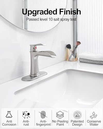 Waterfall Bathroom Faucet, Brass Brushed Nickel Bathroom Faucets, Single Handle Bathroom Sink Faucet, 4 Inch Vanity Faucet 1 Hole or 3 Holes with Drain Deck Plate & Supply Hoses for RV Lavatory - color: Brushed Nickel - Modern