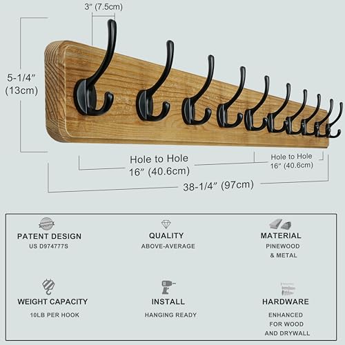 Coat Rack Wall: 38-1/4" Long, Patented, Heavy-Duty, 10-Double-Hooks Wooden Wall Mounted Coat Rack Coat Hanger Hook Rail for Winter Coats Hat Jacket Clothing, Weathered Brown - color: Weathered Brown & Black, size: L=38.3"(1pcs)