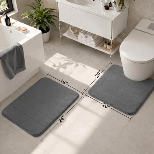 2 Piece Memory Foam Bath Mat Set, Extra Soft Absorbent Bathroom Rugs with U-Shaped Toilet Rug, Non-Slip Backing, Machine Washable, 24x16 + 20x20 U-Shaped, Dark Gray - color: Dark Gray