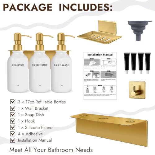 Shampoo and Conditioner Dispenser Set with Soap Dish & Towel Hook, Gold